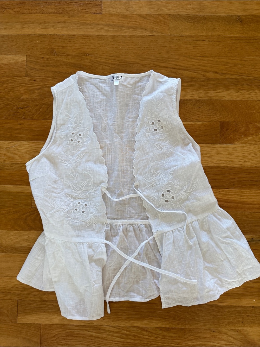 Nina White Embroidered Tie-Front Linen Blend Peplum Tank